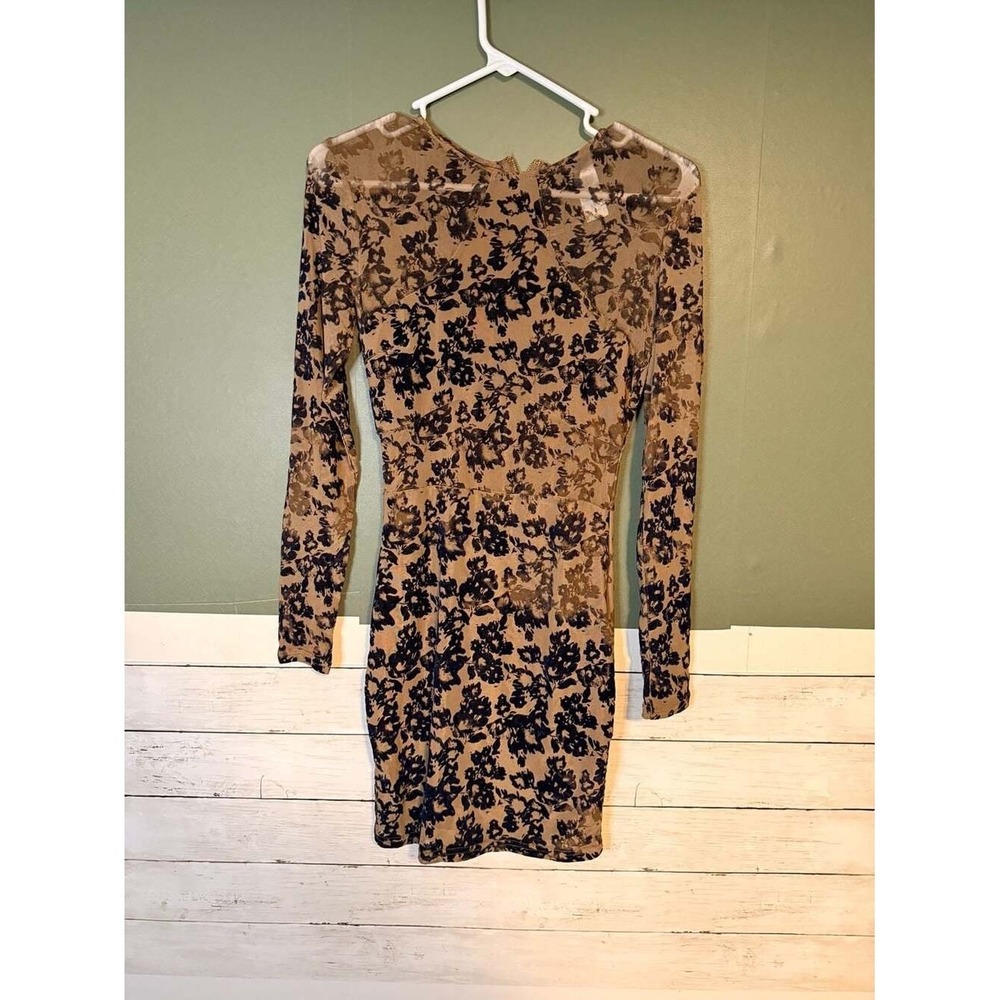 Windsor Floral Mesh Long Sleeve Mini Dress Tan Black Sheer Bodycon PD4270W Small